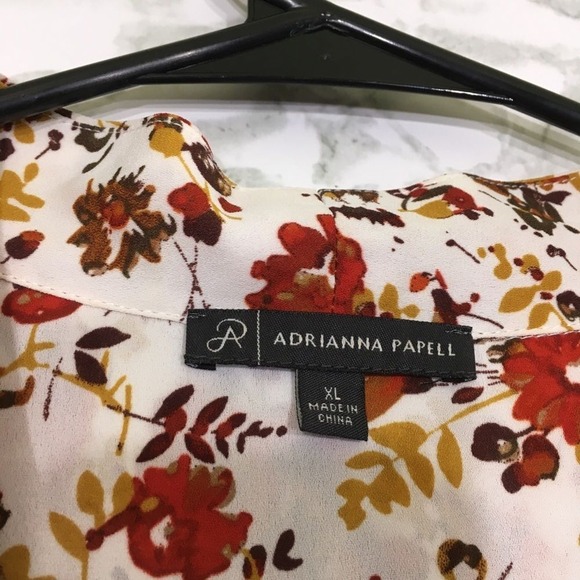 Adrianna Papell Womens XL Floral V-Neck Blouse Long Sleeve Rust Mustard - Picture 2 of 9